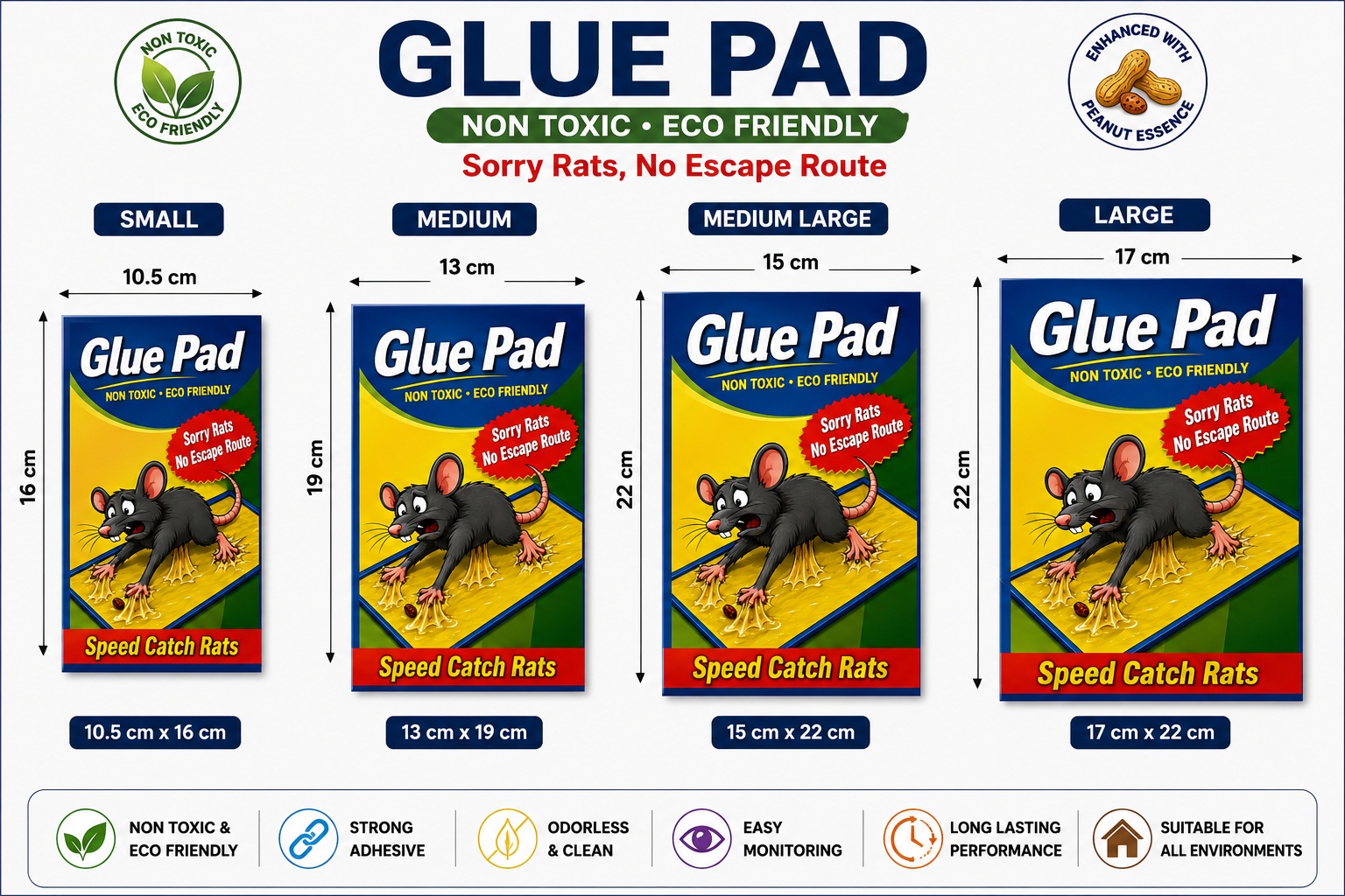HHA rodent glue pads available in Small, Medium, Medium Large and Large sizes