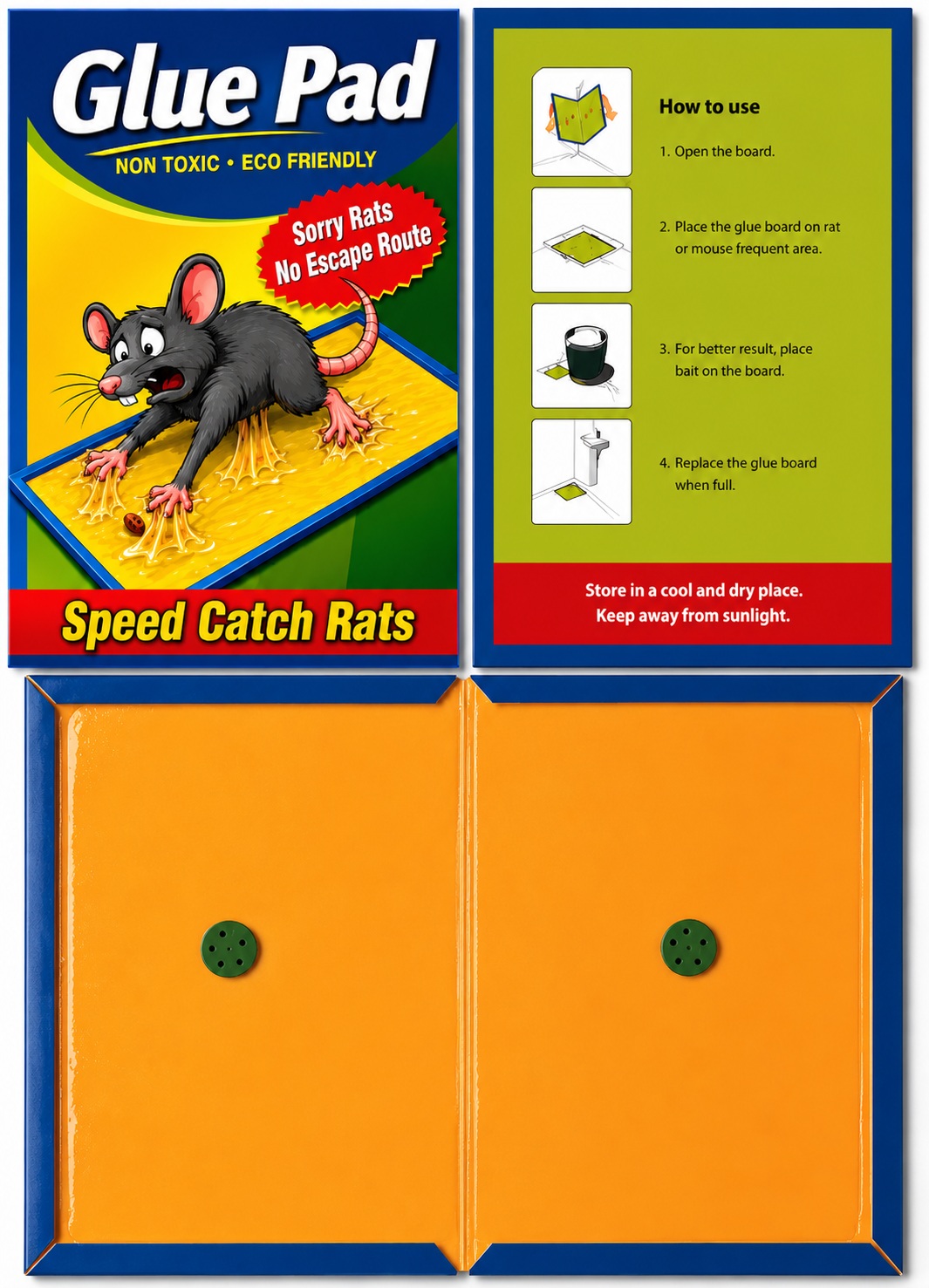 HHA Glue Pad retail pack — front artwork, printed how-to-use guide and the opened high-tack glue boards