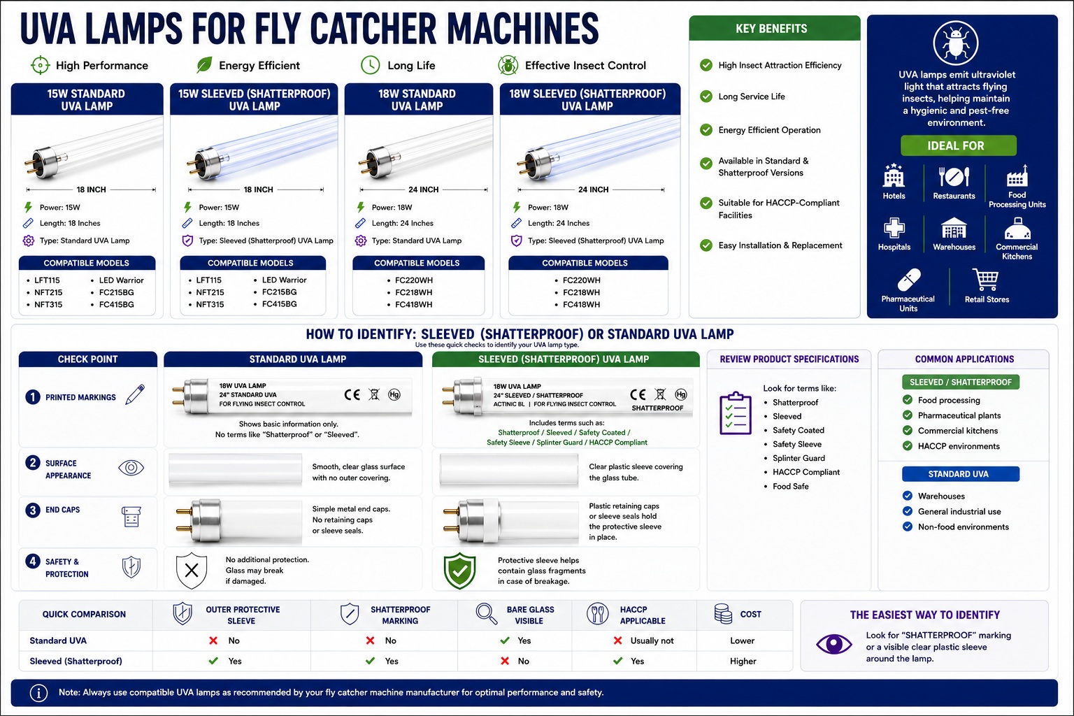 UVA lamps for fly catcher machines — features, lifespan and application comparison chart