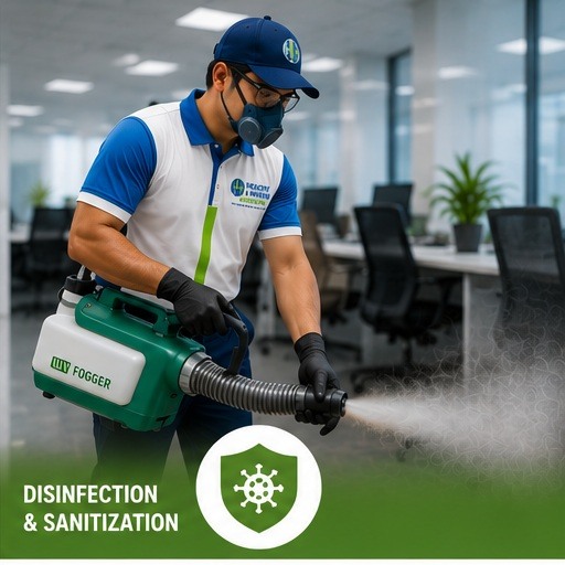 Technician in protective gear disinfecting a bathroom