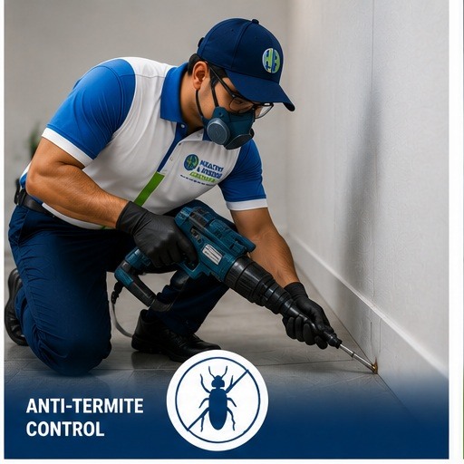 Technician performing anti-termite drill-and-injection treatment on a wooden post