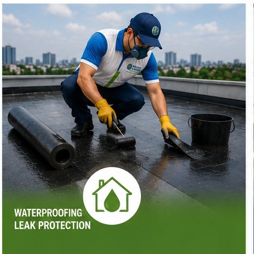 Workers applying protective coating to a roof